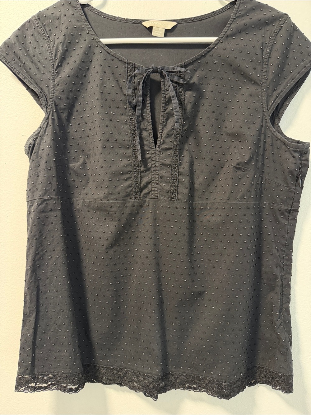 Cap-Sleeve Black Swiss Dot Tie-Neck Blouse SZ 12